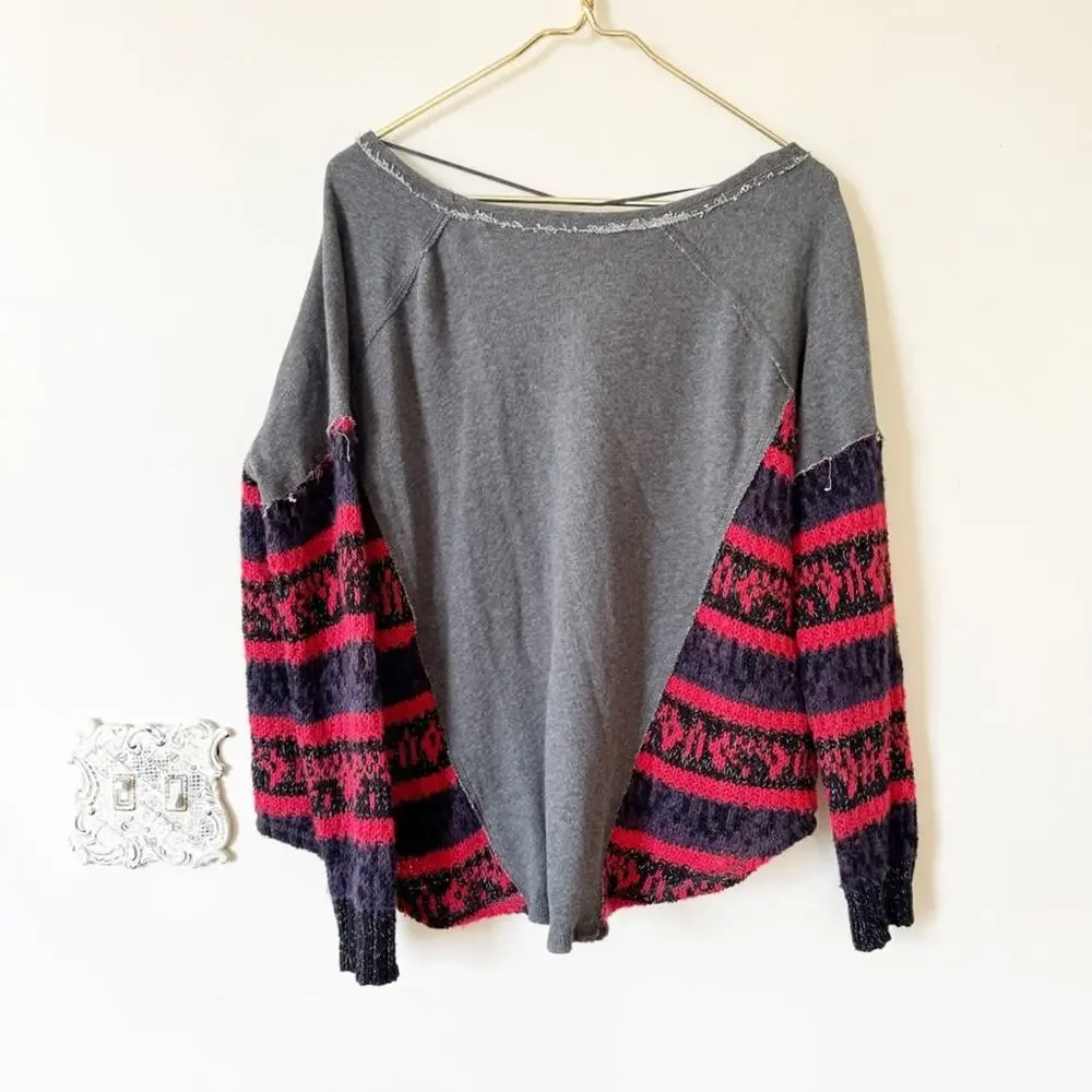 Free People Sinner Sweater Knit Sleeve Gray Sweatshirt S